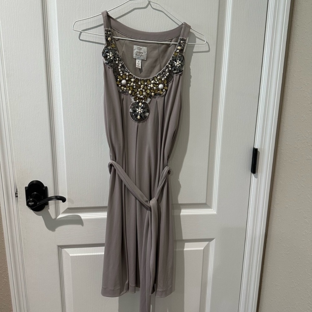 Suzi Chin for Maggy Boutique Taupe Embellished Bead Sheath Dress with Belt 6
